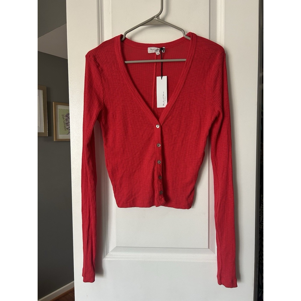 NWT Michael Stars Red V Neck Button Front Cardigan Sweater Sz Small Long Sleeve